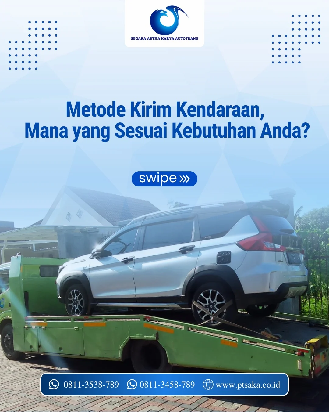 Mobil SUV diangkut menggunakan armada towing PT SAKA untuk layanan pengiriman kendaraan